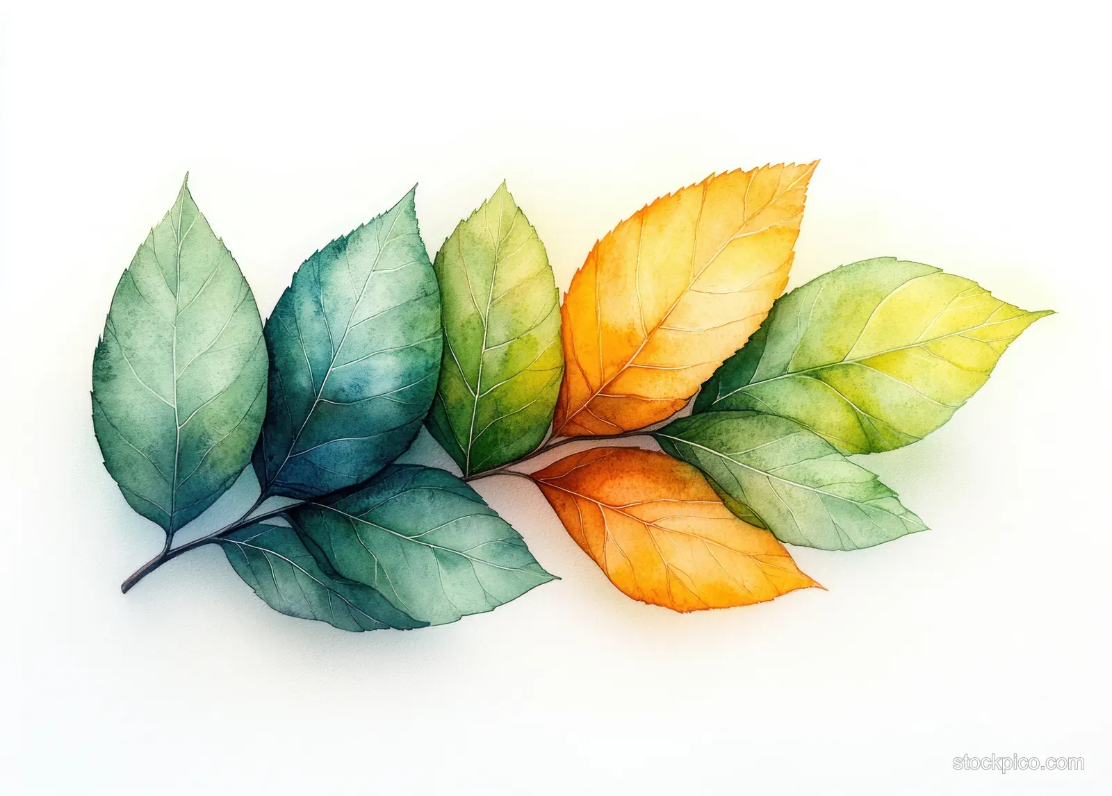 Watercolor illustration of layered green, orange, and yellow leaves arranged on a white background.