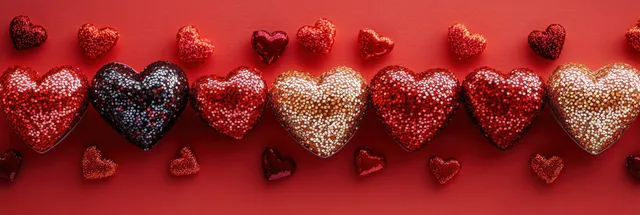 Glittering red, black, and gold hearts form a Valentine banner across a warm background in a top view.