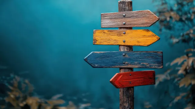 Weathered wooden signpost with four colored arrow directions standing on a trail in a blue forest background.