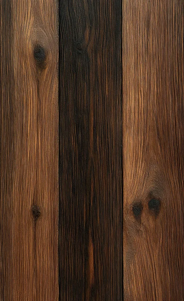 Close-up of vertically aligned wooden planks with natural grain texture and dark knots in warm brown.