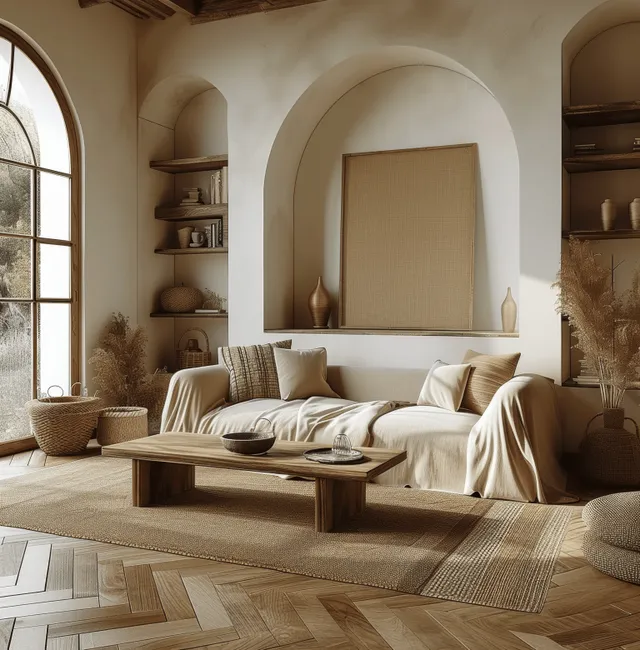 Boho living room interior with linen sofa, wooden table, arched window, and blank poster frame on the wall.
