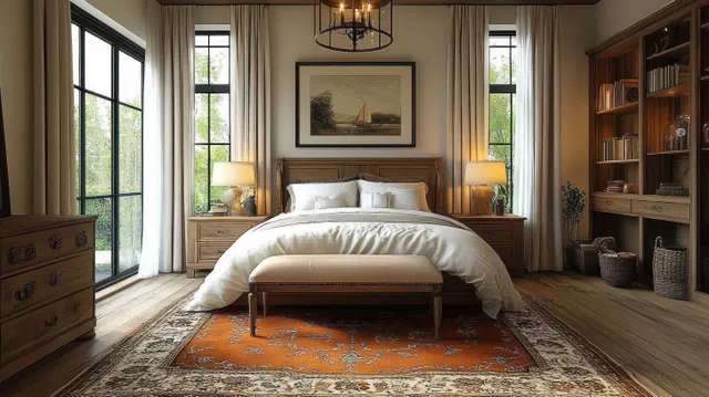 Sunlit modern bedroom showing a plush bed with white linens, orange patterned rug, bookshelves, and large windows with curtains.