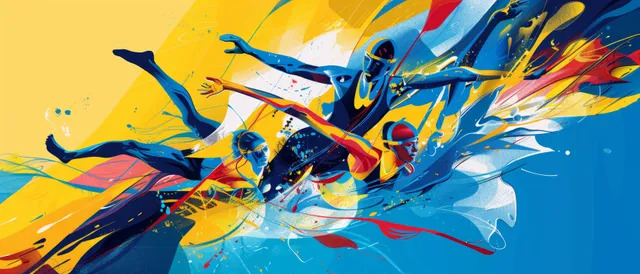 Ukrainian artistic swimmers in synchronized formation, surrounded by splashes and swirling blue and yellow motion graphics.