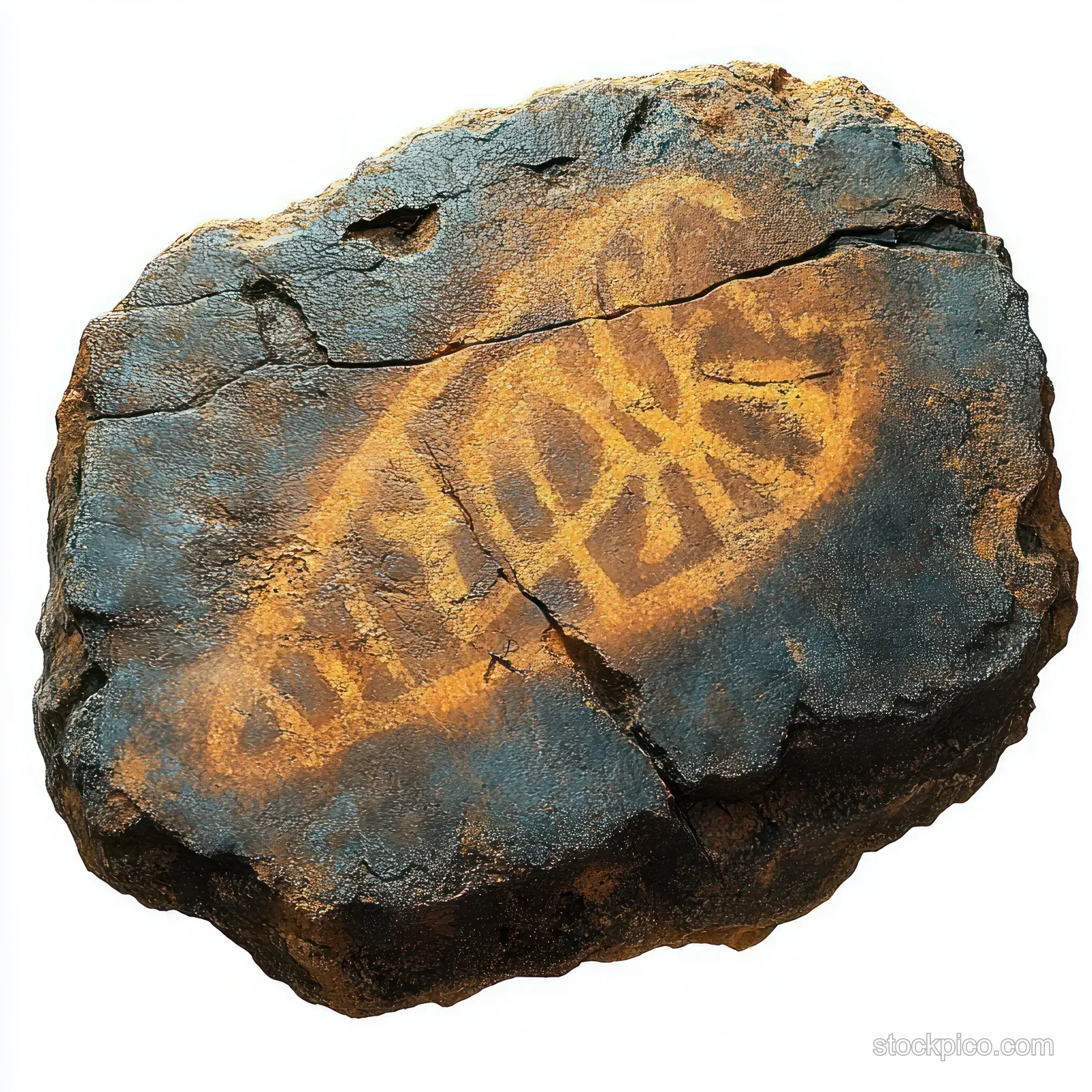 Weathered rock fragment showing faded geometric petroglyph carvings with visible cracks and stone texture.