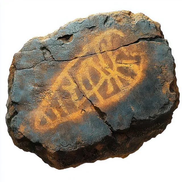 Weathered petroglyph rock with faded geometric line carvings on rugged stone surface