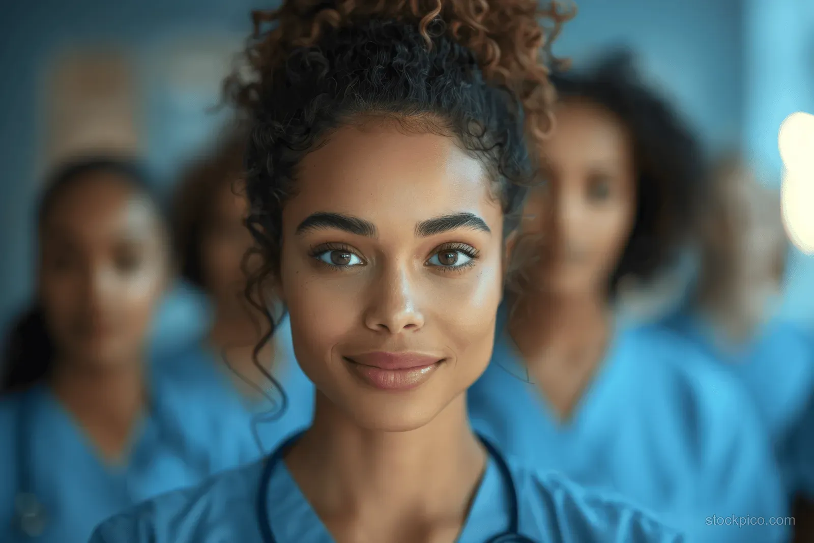 Young nurse in blue scrubs smiles at camera while hospital colleagues blur behind her.