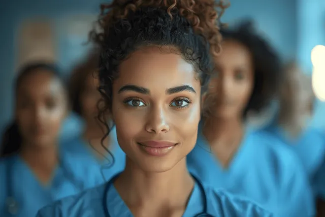 Young nurse in blue scrubs smiles at camera while hospital colleagues blur behind her.