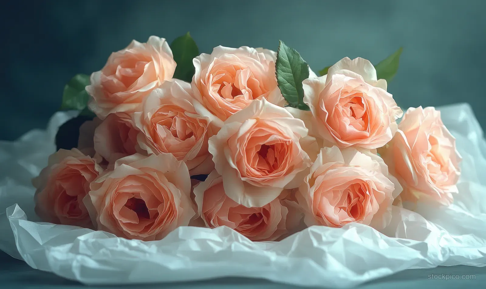 Pastel pink roses arranged in a bouquet, wrapped in white paper on a soft teal background.