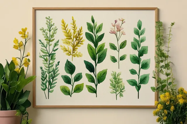 Framed botanical watercolor artwork featuring green leaves and pale flowers hanging on a light wall.