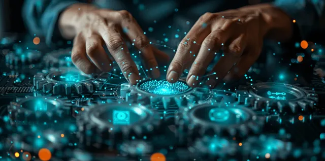 Two hands touch a glowing holographic network of connected nodes on a blue futuristic control surface.