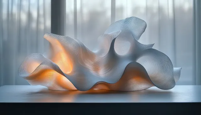 Pastel ribbon sculpture forming waves on a glassy studio table with soft blue glow