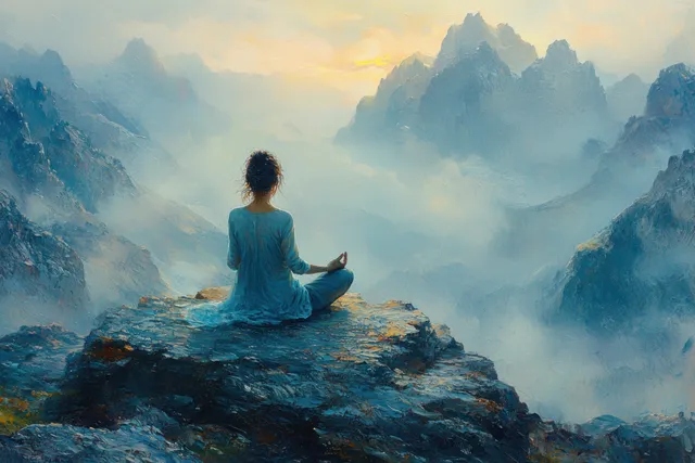 Woman meditating on mountain rock at sunset, misty peaks and soft golden light