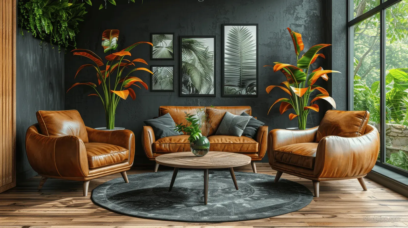 Brown leather armchairs and sofa sit around a round coffee table in a dark living room with tall plants and a bright window.