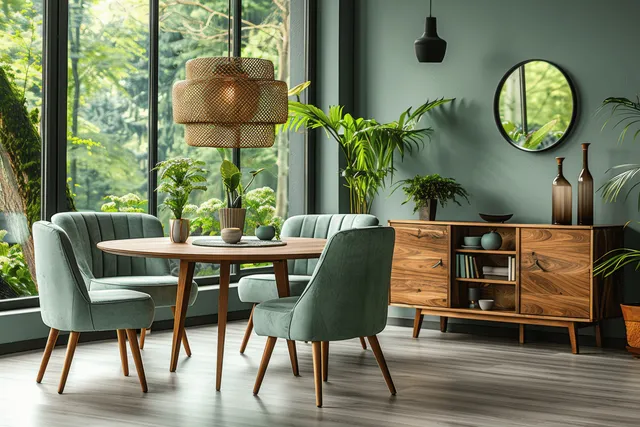 Mint green upholstered chairs and sofa surround a round wooden dining table beside a cabinet in front of a forest-view window.