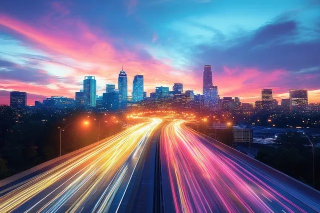 Long-exposure highway light trails lead into a Minneapolis skyline at twilight with glowing skyscrapers.