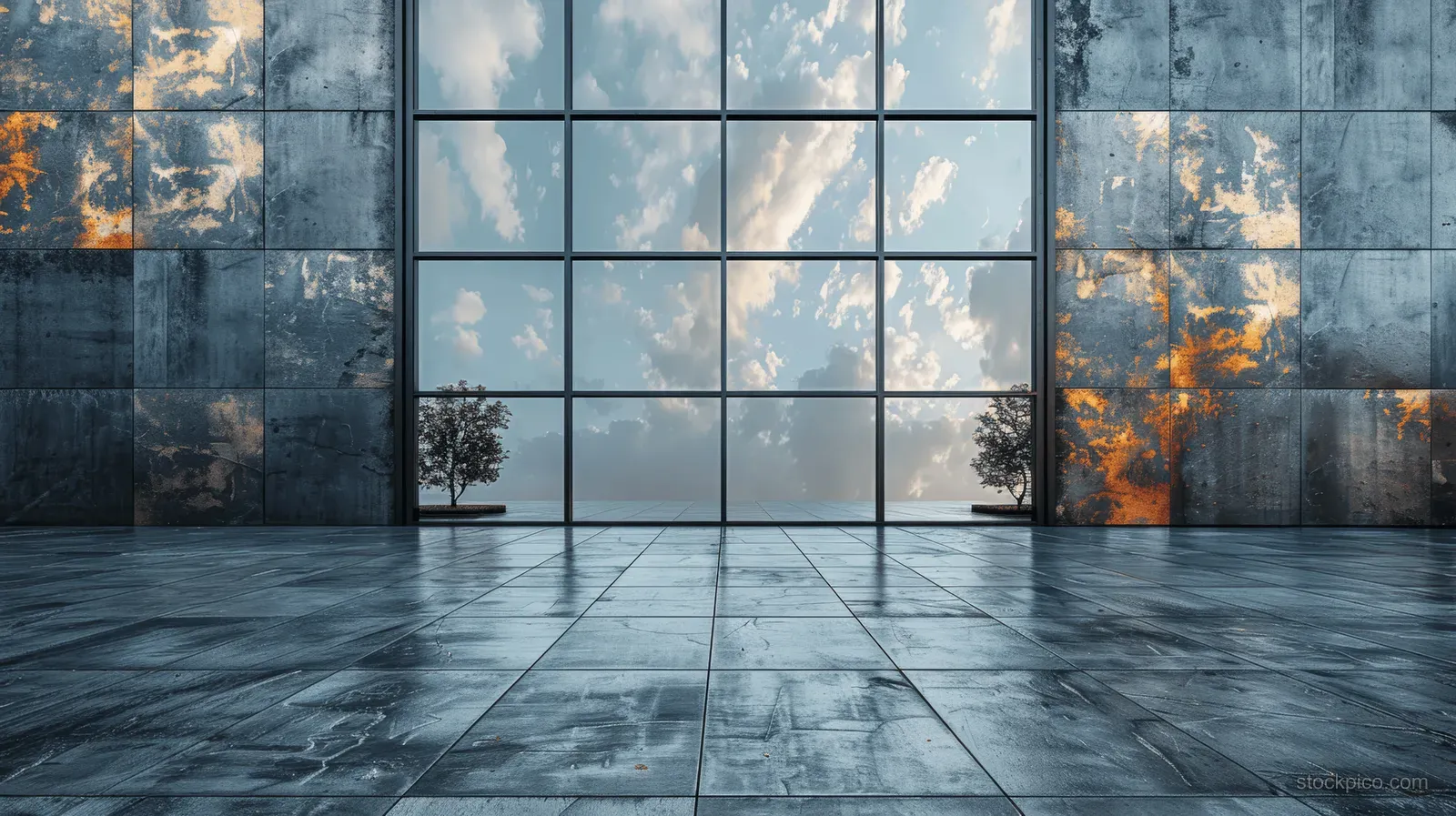 Empty modern glass entrance with concrete floor and blue-gray facade reflecting sunlight across the transparent doors.