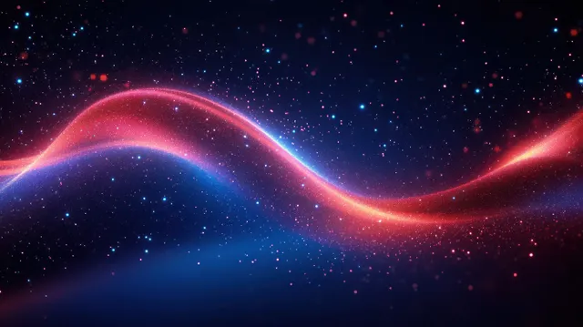 A curved red and blue neon wave glows across a starry space background with sparkling particles.