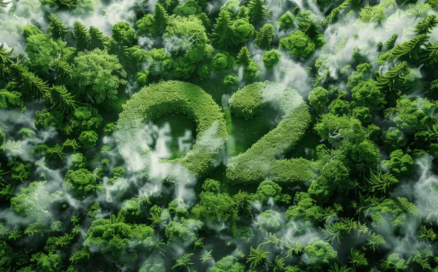 A dense green forest with a circular recycling symbol and a CO2 cloud overlay indicating climate change and sustainability.