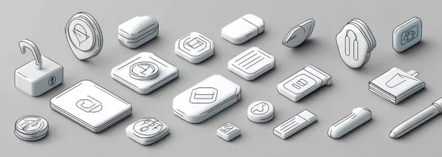 Three-dimensional white app interface icons with shadows are scattered on a gray background.