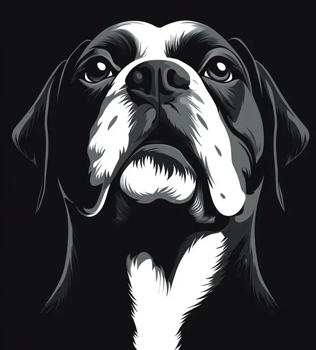 Monochrome dog portrait looking upward with focused eyes and detailed fur on dark background