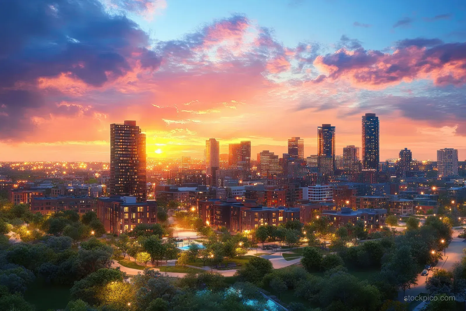 Omaha skyline at sunset with modern towers glowing behind green treetops and a colorful cloud-filled sky.