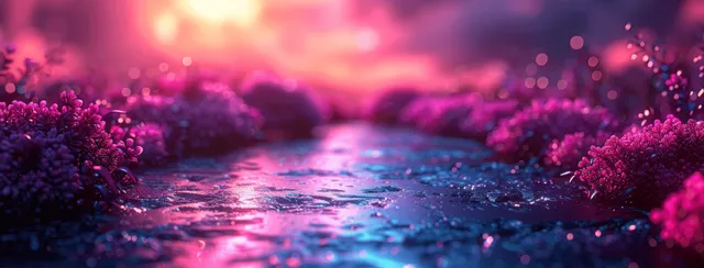 A purple and pink gradient abstract background with glowing shapes and podium-like product display platforms.