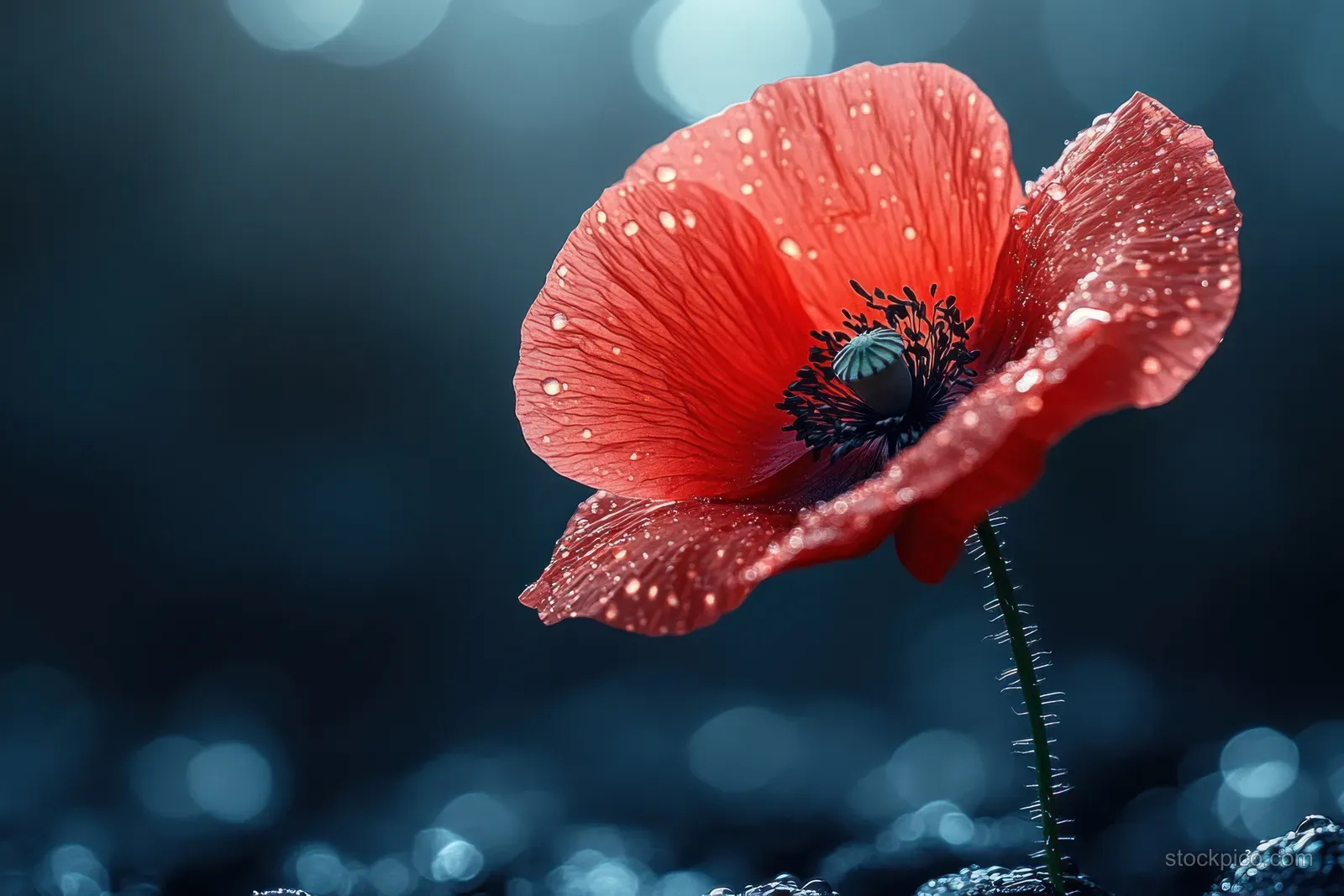 Close-up red poppy flower with spark-like texture against a dark blue blurred background.