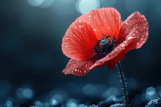 Close-up red poppy flower with spark-like texture against a dark blue blurred background.