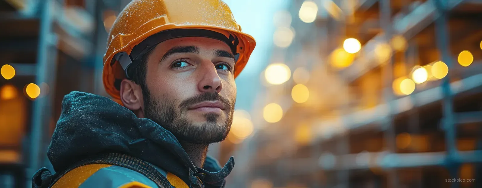 A hard-hatted construction worker stands on a scaffold holding a blueprint at a bright building site.