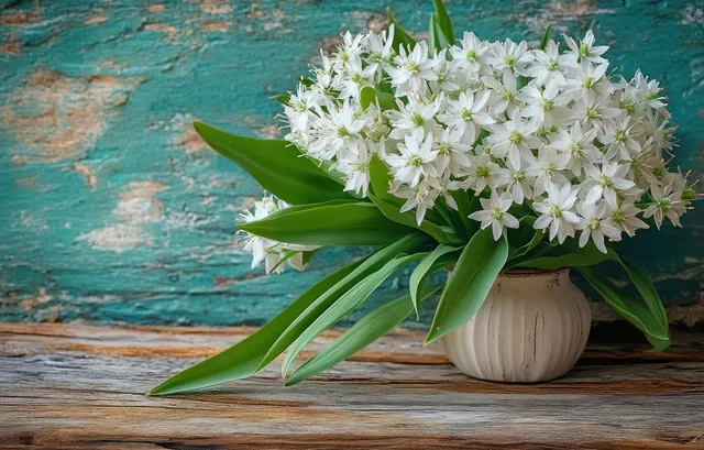 Wild garlic blossoms in a clay vase on weathered turquoise wood table