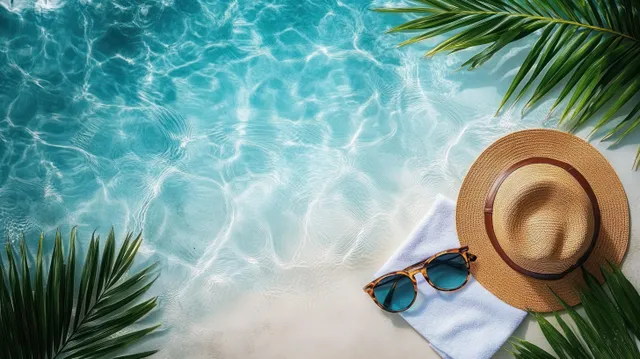 A straw hat and sunglasses on a white towel beside crystal-clear pool water with palm leaves above.
