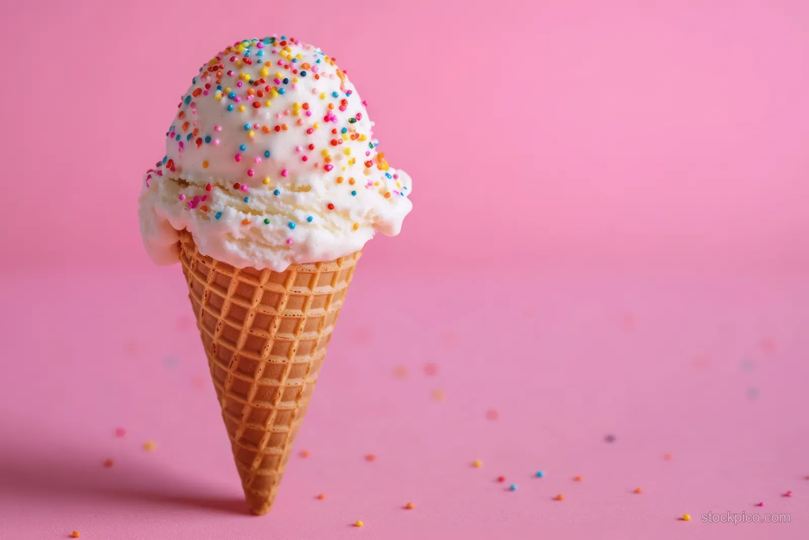 Vanilla ice cream in a waffle cone topped with colorful sprinkles against a soft pink background.
