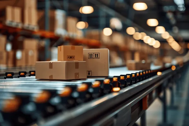 Cardboard shipping boxes ride an illuminated conveyor belt in a warehouse fulfillment area.