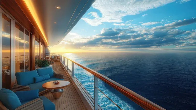 Cruise ship balcony with blue seating beside a railing, overlooking calm ocean at sunset through partly cloudy sky.