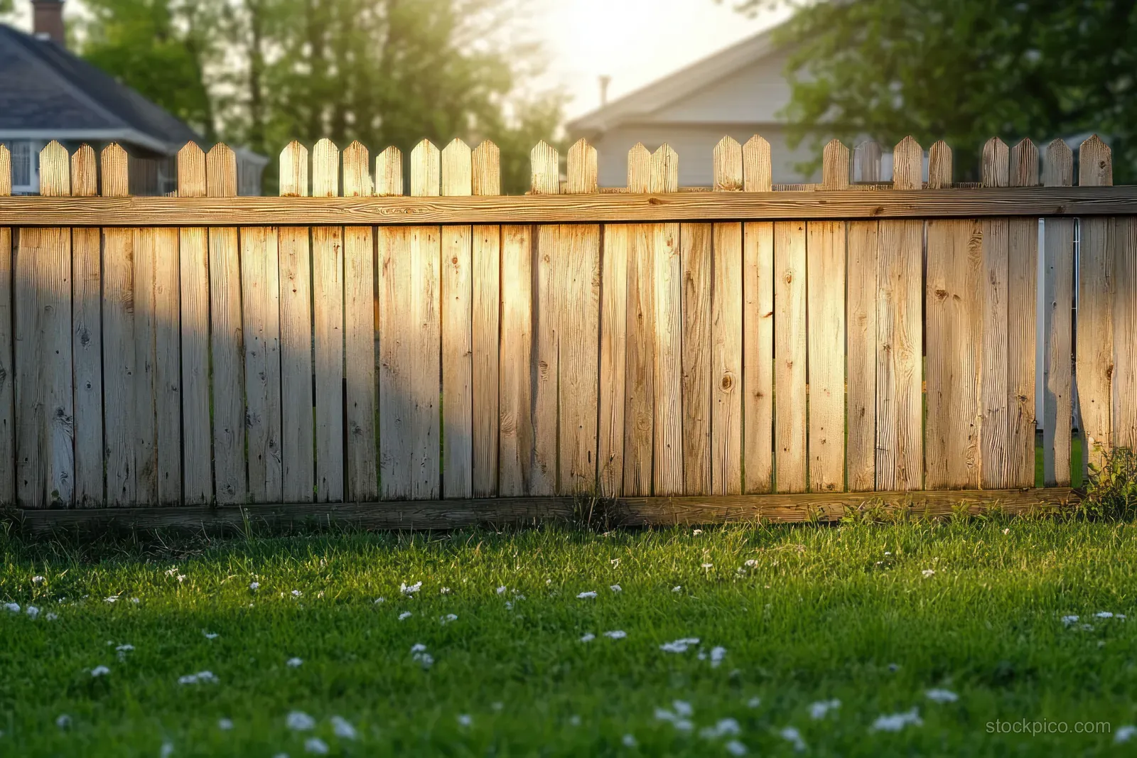 Sunlit wooden fence with pointed tops casts long shadows across green grass with scattered small white flowers.