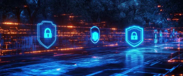 Cyberpunk cybersecurity landscape with glowing blue padlocks, shields, and encrypted data streams