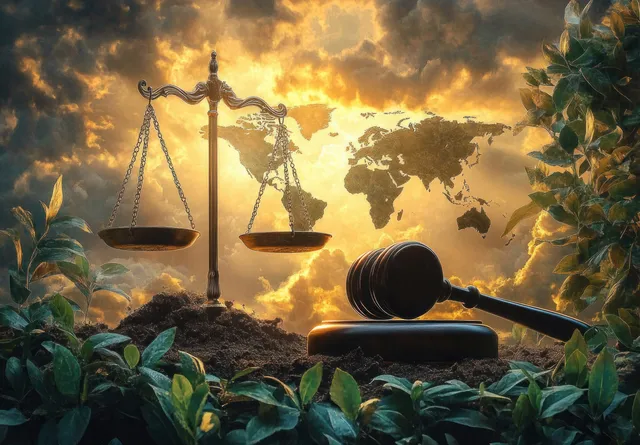 Justice scale and judge’s gavel rest on soil among green plants under a glowing world map in cloudy skies.