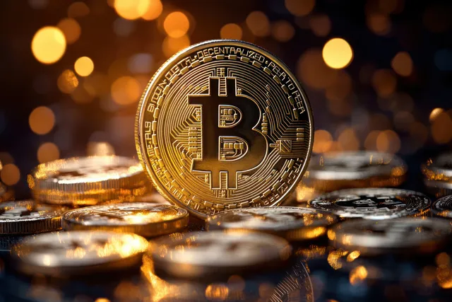 Shiny golden cryptocurrency coin with a Bitcoin symbol surrounded by other metallic coins under warm glowing bokeh lights.
