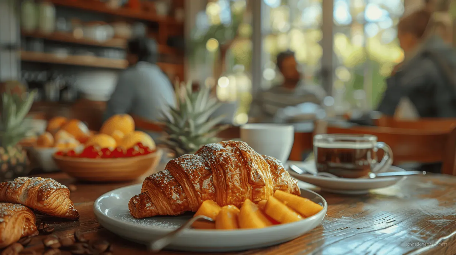 Croissant and fruit plate on a breakfast table with coffee cups in a sunlit home dining room.