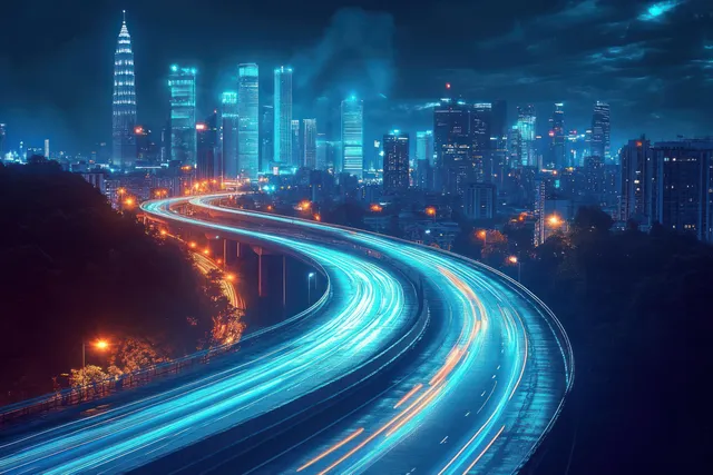 Neon highway curves through futuristic city skyline at night with light trails