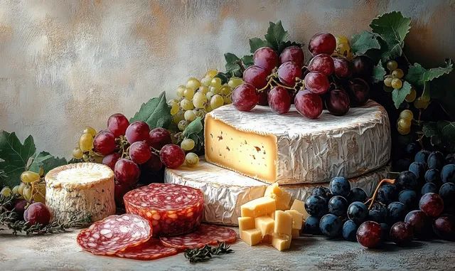 Cheese wheels and sliced cured meats arranged with red, green, and black grapes on a rustic stone table.