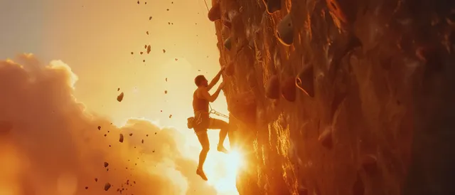 A male climber in climbing gear pulls upward on a rock wall as sunset light silhouettes his figure and releases dust.