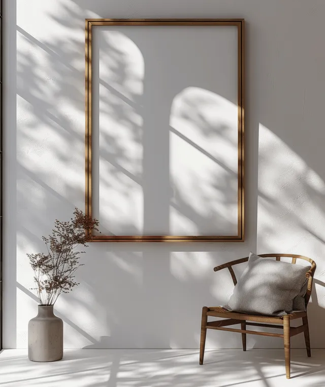 Vertical wooden picture frame mounted on a white wall with sunlit window shadow and minimal chair and plant nearby.