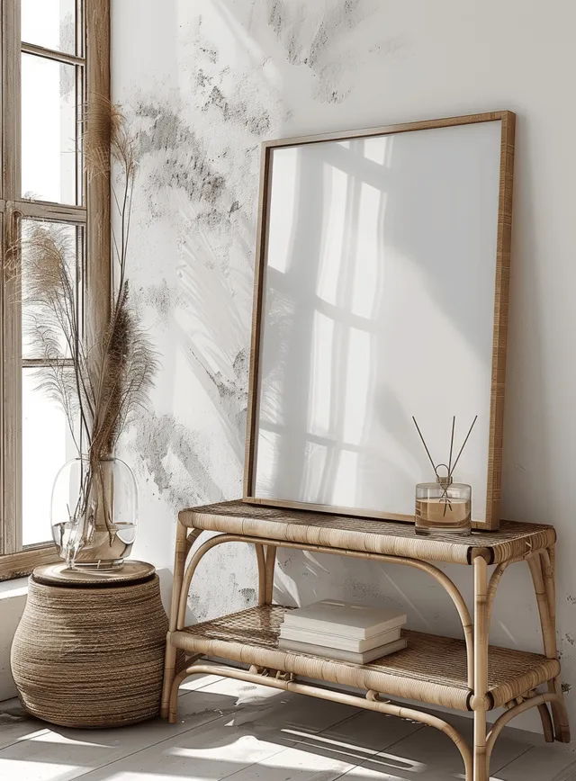 Blank framed artwork sits on a rattan side table in a sunlit white boho living room with natural woven decor.