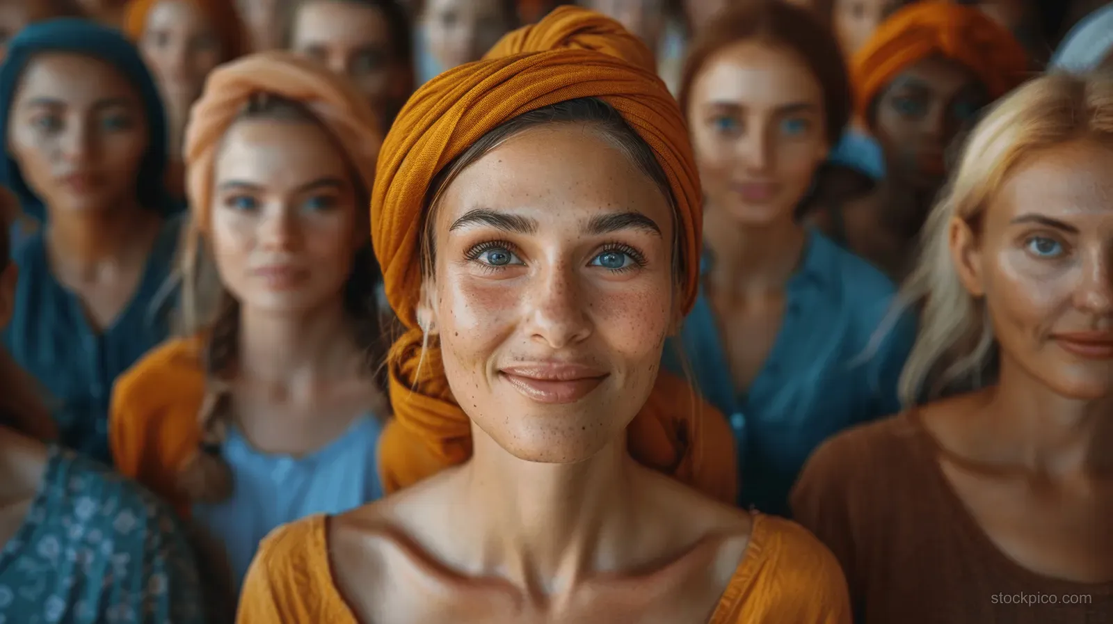 A smiling woman in a yellow headscarf leads a diverse group standing close together indoors.
