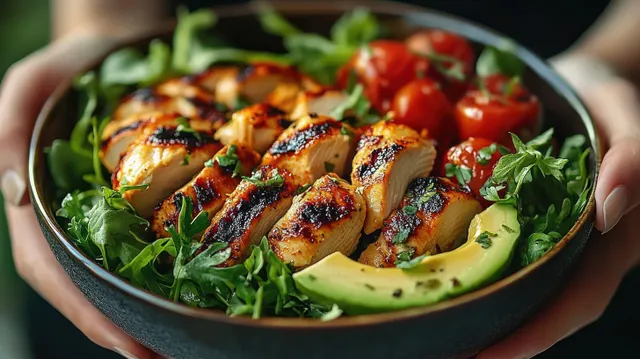 Hands hold a bowl with grilled chicken slices over leafy greens, avocado, and cherry tomatoes.