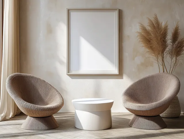 Two curved lounge chairs and a white table sit in a Scandinavian room beneath a blank framed picture on the wall.
