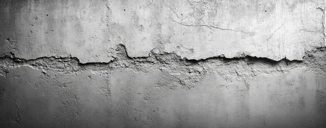 Close-up of cracked and peeling gray concrete wall showing rough uneven layers and weathered damage lines.