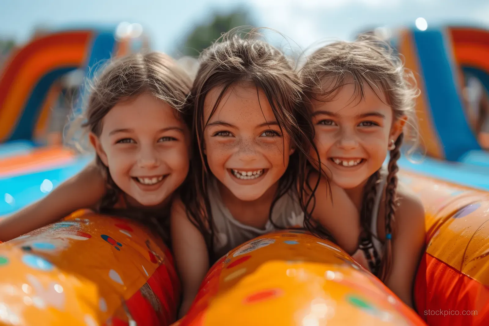 Children laugh and lean together on a colorful bouncy castle during a sunny school fair.
