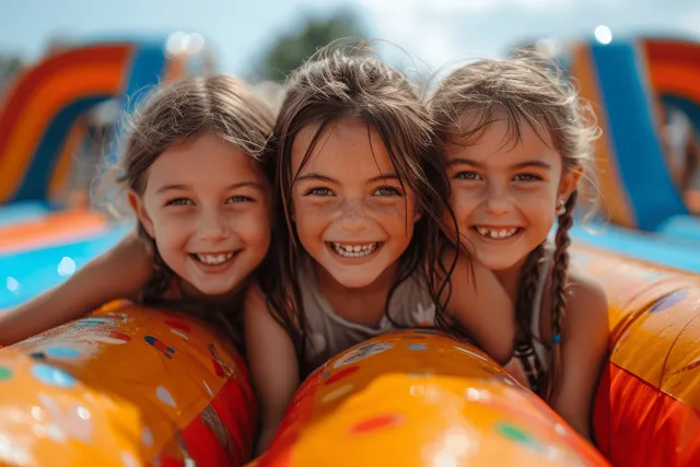 Children laugh and lean together on a colorful bouncy castle during a sunny school fair.